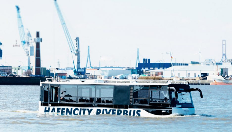 In Hamburg you can cruise on the river on a bus. It's MAN Hafencity Riverbus